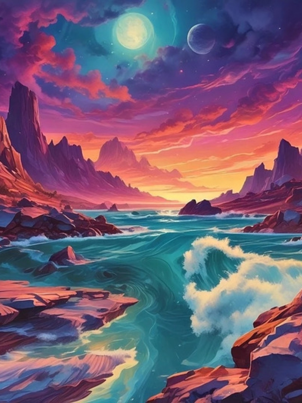 Fantasy Landscape Painting in Blue & Purple Like New